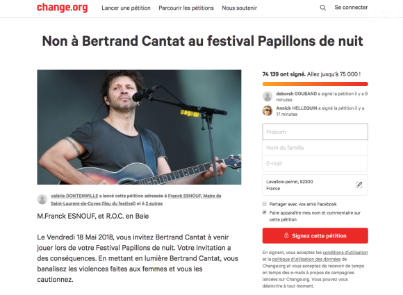 Sous la pression d'une pétition ayant réuni plus de 74 000 signatures, Bertrand Cantat a finalement décidé d'annuler sa tournée des festivals. Il devait notamment se produire le 18 mai 2018 au Festival Papillons de Nuit.
