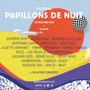 Affiche 2018 du Festival Papillons de Nuit, organisé à Saint-Laurent-de-Cuves. Bertrand Cantat devait s'y produire le vendredi 18 mai. Sous la pression, le chanteur controversé a décidé d'annuler sa tournée des festivals.