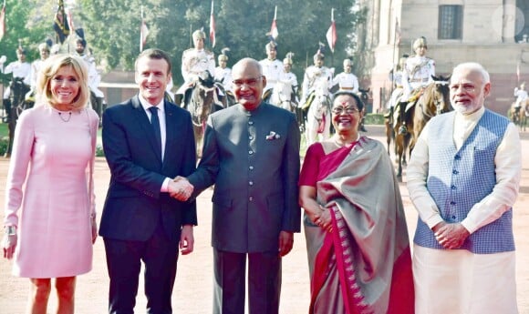 La première dame Brigitte Macron, le président Emmanuel Macron, le président Ram Nath Kovind, Savita Koving, le premier ministre de la république de l'Inde, Narendra Modi - Le président Emmanuel Macron et sa femme Brigitte sont en visite d'Etat en Inde le 10 mars 2018.