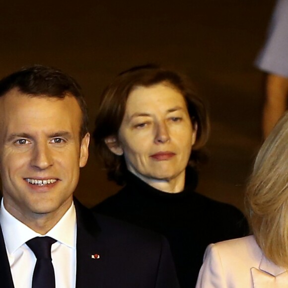 Jean-Yves Le Drian, ministre de l'Europe et des affaires étrangères, Le président Emmanuel Macron, Florence Parly, ministre des armées, La première dame Brigitte Macron lors de l'arrivée du couple présidentiel français à l'aéroport militaire de Delhi le 9 mars 2018.  © Dominique Jacovides / Bestimage