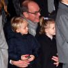 Le prince Albert II de Monaco et ses enfants le prince Jacques et la princesse Gabriella lors de la traditionnelle célébration de Sainte Dévote à Monaco le 26 janvier 2018 © Bruno Bebert / Bestimage