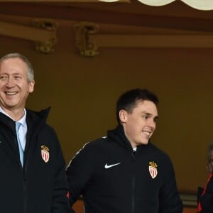 De gauche à droite, Vadim Vasilyev, le vice président de l'AS Monaco, Louis Ducruet et le prince Albert II de Monaco et Louis Ducruet durant la rencontre de football de Ligue 1 opposant Monaco à Lille au stade Louis II le 16 mars 2018. Le prince Albert II de Monaco qui célébrait ses 60 ans le 14 mars, a eu comme premier cadeau la victoire de son club et à la fin de la rencontre les joueurs lui ont offert un ballon et un maillot floqué du texte : Joyeux Anniversaire SAS. © Bruno Bebert/Bestimage