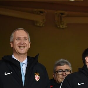 De gauche à droite, Vadim Vasilyev, le vice président de l'AS Monaco, Louis Ducruet et le prince Albert II de Monaco et Louis Ducruet durant la rencontre de football de Ligue 1 opposant Monaco à Lille au stade Louis II le 16 mars 2018. Le prince Albert II de Monaco qui célébrait ses 60 ans le 14 mars, a eu comme premier cadeau la victoire de son club et à la fin de la rencontre les joueurs lui ont offert un ballon et un maillot floqué du texte : Joyeux Anniversaire SAS. © Bruno Bebert/Bestimage