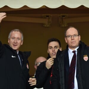 De gauche à droite, Vadim Vasilyev, le vice président de l'AS Monaco, Louis Ducruet et le prince Albert II de Monaco durant la rencontre de football de Ligue 1 opposant Monaco à Lille au stade Louis II le 16 mars 2018. Le prince Albert II de Monaco qui célébrait ses 60 ans le 14 mars, a eu comme premier cadeau la victoire de son club et à la fin de la rencontre les joueurs lui ont offert un ballon et un maillot floqué du texte : Joyeux Anniversaire SAS. © Bruno Bebert/Bestimage