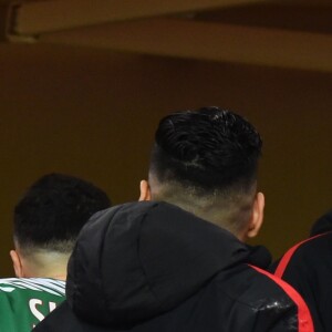 De gauche à droite, Vadim Vasilyev, le vice président de l'AS Monaco, le prince Albert II de Monaco et Louis Ducruet durant la rencontre de football de Ligue 1 opposant Monaco à Lille au stade Louis II le 16 mars 2018. Le prince Albert II de Monaco qui célébrait ses 60 ans le 14 mars, a eu comme premier cadeau la victoire de son club et à la fin de la rencontre les joueurs lui ont offert un ballon et un maillot floqué du texte : Joyeux Anniversaire SAS. © Bruno Bebert/Bestimage