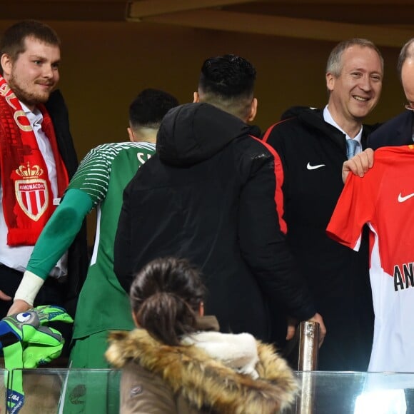 De gauche à droite, Vadim Vasilyev, le vice président de l'AS Monaco, le prince Albert II de Monaco et Louis Ducruet durant la rencontre de football de Ligue 1 opposant Monaco à Lille au stade Louis II le 16 mars 2018. Le prince Albert II de Monaco qui célébrait ses 60 ans le 14 mars, a eu comme premier cadeau la victoire de son club et à la fin de la rencontre les joueurs lui ont offert un ballon et un maillot floqué du texte : Joyeux Anniversaire SAS. © Bruno Bebert/Bestimage