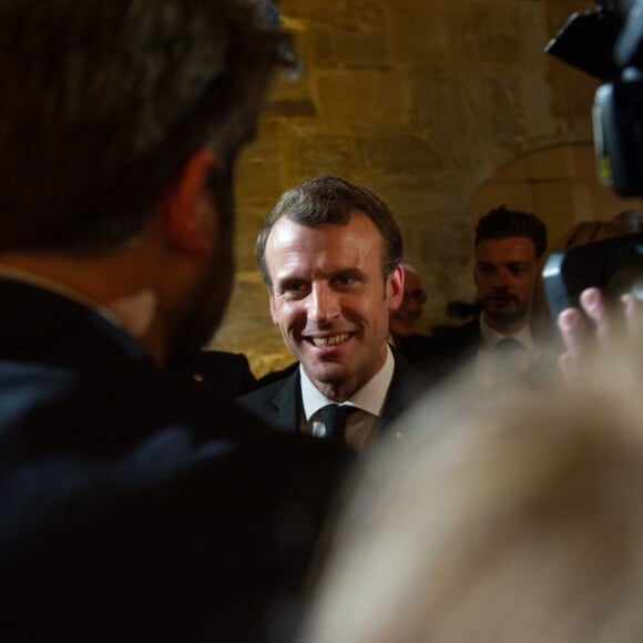 Le président de la République française Emmanuel Macron et sa femme la première dame Brigitte Macron (Trogneux) - Conférence des évêques de France (CEF) au collège des Bernardins à Paris, France, le 9 avril 2018. © Jacques Witt/Pool/Bestimage