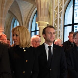 Le président de la République française Emmanuel Macron et sa femme la première dame Brigitte Macron (Trogneux) - Conférence des évêques de France (CEF) au collège des Bernardins à Paris, France, le 9 avril 2018. © Jacques Witt/Pool/Bestimage