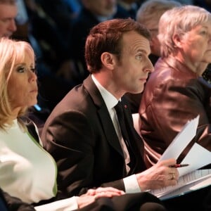 Le président de la République française Emmanuel Macron et sa femme la première dame Brigitte Macron (Trogneux) - Conférence des évêques de France (CEF) au collège des Bernardins à Paris, France, le 9 avril 2018. © Jacques Witt/Pool/Bestimage