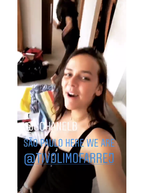 Pauline Ducruet dans sa chambre d'hôtel au Tivoli Mofarrej à São Paulo au Brésil le 13 avril 2018, à son hôtel (le Tivoli Mofarrej) avant de se rendre au 8e gala de l'amfAR. Image extraite de sa story Instagram le 13 avril 2018.