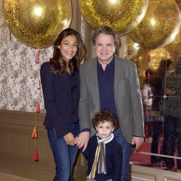 Exclusif - Jean-Claude Biguine avec sa femme et leur fils Adrien - Goûter de l'album illustré "Lila à la recherche du Mansour" pour les enfants du Royal Mansour Marrakech à l'hôtel Plaza Athénée à Paris le 8 avril 2018. Cette année le Royal Mansour Marrakech a souhaité mettre les enfants à l'honneur en leur dédiant un album écrit par Colombe Schneck et illustré par Delphine Perret. © Julio Piatti /Bestimage