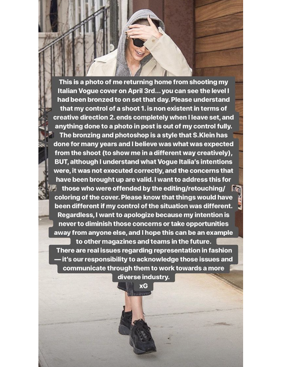 Les excuses de Gigi Hadid sur Instagram ce 3 mai 2018.