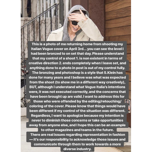 Les excuses de Gigi Hadid sur Instagram ce 3 mai 2018.