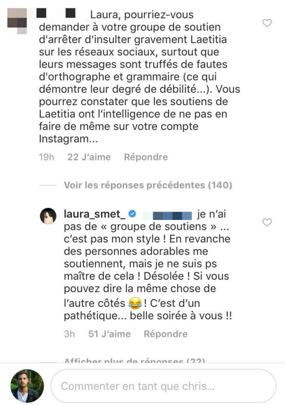 Laura Smet répond à un commentaire désobligeant pour ses soutiens sur Instagram, le 7 mai 2018.