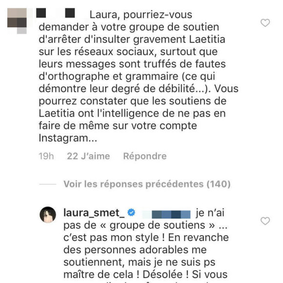 Laura Smet répond à un commentaire désobligeant pour ses soutiens sur Instagram, le 7 mai 2018.