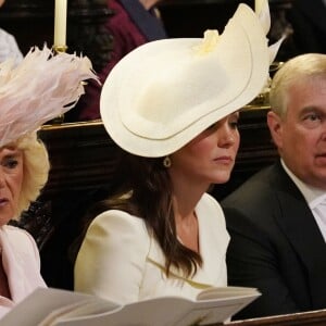 Le prince William, duc de Cambridge Camilla Parker Bowles, duchesse de Cornouailles, Catherine (Kate) Middleton, duchesse de Cambridge et Le prince Andrew, duc d'York - Cérémonie de mariage du prince Harry et de Meghan Markle en la chapelle Saint-George au château de Windsor, Royaume Uni, le 19 mai 2018.