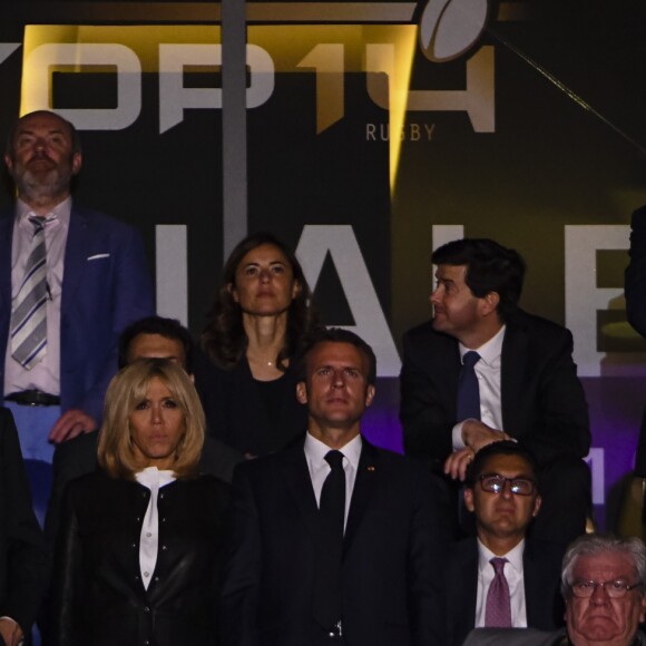 Le Président de la République Emmanuel Macron et sa femme la Première Dame Brigitte Macron (Trogneux) au concert de Mika après la finale du Top 14 français entre Montpellier et Castres au Stade de France à Paris, le 2 juin 2018. Le couple présidentiel est ensuite allé féliciter Mika dans les loges. © Pierre Perusseau/Bestimage