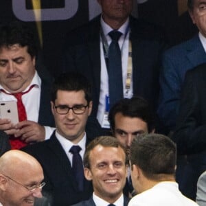 Le Président de la République Emmanuel Macron a été rejoint par sa femme la Première Dame Brigitte Macron (Trogneux) lors de la finale du Top 14 français entre Montpellier et Castres au Stade de France à Paris, le 2 juin 2018. © Pierre Perusseau/Bestimage