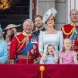 La reine Elisabeth II d'Angleterre, Meghan Markle, duchesse de Sussex, le prince Charles, le prince Harry, duc de Sussex, Catherine Herzogin von Cambridge, le prince William, La princesse Charlotte, le prince George, Savannah Phillips - Les membres de la famille royale britannique lors du rassemblement militaire "Trooping the Colour" (le "salut aux couleurs"), célébrant l'anniversaire officiel du souverain britannique. Cette parade a lieu à Horse Guards Parade, chaque année au cours du deuxième samedi du mois de juin.
