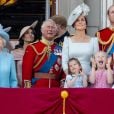 La reine Elisabeth II d'Angleterre, Meghan Markle, duchesse de Sussex, le prince Charles, Kate Catherine Middleton, duchesse de Cambridge, le prince William, duc de Cambridge, la princesse Charlotte, Savannah Phillips, le prince George - Les membres de la famille royale britannique lors du rassemblement militaire "Trooping the Colour" (le "salut aux couleurs"), célébrant l'anniversaire officiel du souverain britannique. Cette parade a lieu à Horse Guards Parade, chaque année au cours du deuxième samedi du mois de juin. Londres, le 9 juin 2018.