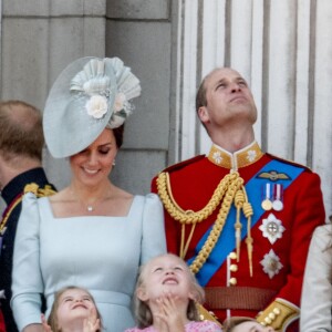Kate Catherine Middleton, duchesse de Cambridge, le prince William, duc de Cambridge, la princesse Charlotte, Savannah Phillips, le prince George - Les membres de la famille royale britannique lors du rassemblement militaire "Trooping the Colour" (le "salut aux couleurs"), célébrant l'anniversaire officiel du souverain britannique. Cette parade a lieu à Horse Guards Parade, chaque année au cours du deuxième samedi du mois de juin. Londres, le 9 juin 2018.