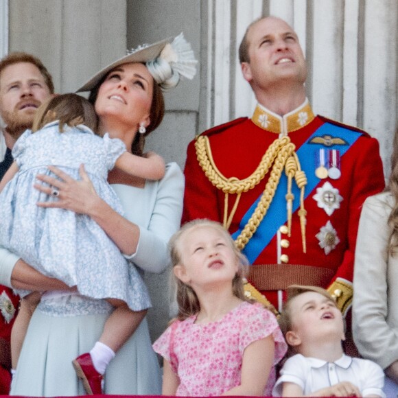 Kate Catherine Middleton, duchesse de Cambridge, le prince William, duc de Cambridge, la princesse Charlotte, Savannah Phillips, le prince George - Les membres de la famille royale britannique lors du rassemblement militaire "Trooping the Colour" (le "salut aux couleurs"), célébrant l'anniversaire officiel du souverain britannique. Cette parade a lieu à Horse Guards Parade, chaque année au cours du deuxième samedi du mois de juin. Londres, le 9 juin 2018.