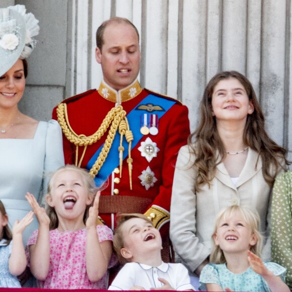Kate Catherine Middleton, duchesse de Cambridge, le prince William, duc de Cambridge, la princesse Charlotte, Savannah Phillips, le prince George, Isla Phillips, Eloise et Estella Taylor - Les membres de la famille royale britannique lors du rassemblement militaire "Trooping the Colour" (le "salut aux couleurs"), célébrant l'anniversaire officiel du souverain britannique. Cette parade a lieu à Horse Guards Parade, chaque année au cours du deuxième samedi du mois de juin. Londres, le 9 juin 2018.