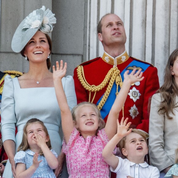 Kate Catherine Middleton, duchesse de Cambridge, le prince William, duc de Cambridge, la princesse Charlotte, Savannah Phillips, le prince George - Les membres de la famille royale britannique lors du rassemblement militaire "Trooping the Colour" (le "salut aux couleurs"), célébrant l'anniversaire officiel du souverain britannique. Cette parade a lieu à Horse Guards Parade, chaque année au cours du deuxième samedi du mois de juin. Londres, le 9 juin 2018.
