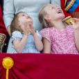 La princesse Charlotte, Savannah Phillips, le prince George - Les membres de la famille royale britannique lors du rassemblement militaire "Trooping the Colour" (le "salut aux couleurs"), célébrant l'anniversaire officiel du souverain britannique. Cette parade a lieu à Horse Guards Parade, chaque année au cours du deuxième samedi du mois de juin. Londres, le 9 juin 2018.