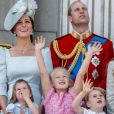 Kate Catherine Middleton, duchesse de Cambridge, le prince William, duc de Cambridge, la princesse Charlotte, Savannah Phillips, le prince George - Les membres de la famille royale britannique lors du rassemblement militaire "Trooping the Colour" (le "salut aux couleurs"), célébrant l'anniversaire officiel du souverain britannique. Cette parade a lieu à Horse Guards Parade, chaque année au cours du deuxième samedi du mois de juin. Londres, le 9 juin 2018.