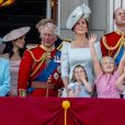La reine Elisabeth II d'Angleterre, Meghan Markle, duchesse de Sussex, le prince Harry, duc de Sussex, le prince Charles, Kate Catherine Middleton, duchesse de Cambridge, le prince William, duc de Cambridge, la princesse Charlotte, Savannah Phillips, le prince George - Les membres de la famille royale britannique lors du rassemblement militaire "Trooping the Colour" (le "salut aux couleurs"), célébrant l'anniversaire officiel du souverain britannique. Cette parade a lieu à Horse Guards Parade, chaque année au cours du deuxième samedi du mois de juin. Londres, le 9 juin 2018.