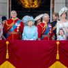 La princesse Anne, la princesse Eugenie d'York, le prince Andrew, duc d'York,la reine Elisabeth II d'Angleterre, Meghan Markle, duchesse de Sussex, le prince Harry, duc de Sussex, duc de Sussex, le prince Charles, Kate Catherine Middleton, duchesse de Cambridge, le prince William, duc de Cambridge, la princesse Charlotte, Savannah Phillips, le prince George - Les membres de la famille royale britannique lors du rassemblement militaire "Trooping the Colour" (le "salut aux couleurs"), célébrant l'anniversaire officiel du souverain britannique. Cette parade a lieu à Horse Guards Parade, chaque année au cours du deuxième samedi du mois de juin. Londres, le 9 juin 2018.