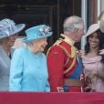Camilla Parker Bowles, duchesse de Cornouailles, la reine Elisabeth II d'Angleterre, le prince Charles, prince de Galles, le prince Harry, duc de Sussex, Meghan Markle, duchesse de Sussex, Catherine (Kate) Middleton, duchesse de Cambridge, la princesse Charlotte de Cambridge - Les membres de la famille royale britannique lors du rassemblement militaire "Trooping the Colour" (le "salut aux couleurs"), célébrant l'anniversaire officiel du souverain britannique. Cette parade a lieu à Horse Guards Parade, chaque année au cours du deuxième samedi du mois de juin. Londres, le 9 juin 2018.