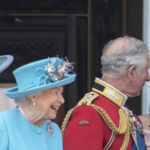 Camilla Parker Bowles, duchesse de Cornouailles, la reine Elisabeth II d'Angleterre, le prince Charles, prince de Galles, le prince Harry, duc de Sussex, Meghan Markle, duchesse de Sussex, Catherine (Kate) Middleton, duchesse de Cambridge, la princesse Charlotte de Cambridge - Les membres de la famille royale britannique lors du rassemblement militaire "Trooping the Colour" (le "salut aux couleurs"), célébrant l'anniversaire officiel du souverain britannique. Cette parade a lieu à Horse Guards Parade, chaque année au cours du deuxième samedi du mois de juin. Londres, le 9 juin 2018.