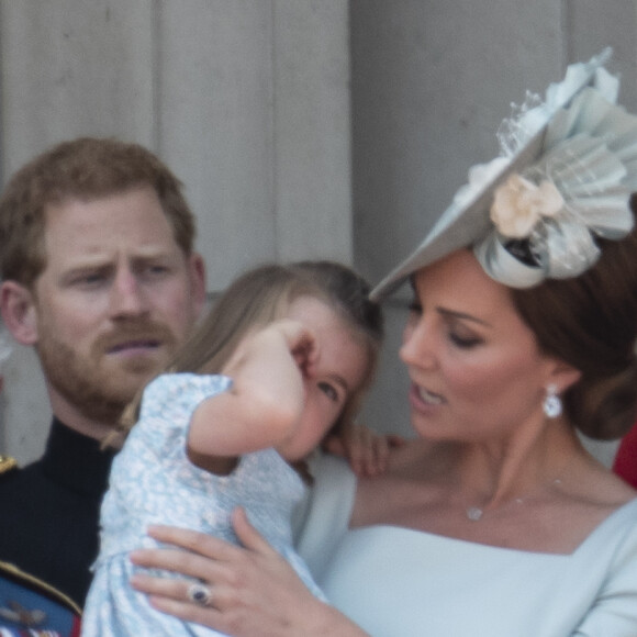 Catherine (Kate) Middleton, duchesse de Cambridge, la princesse Charlotte de Cambridge - Les membres de la famille royale britannique lors du rassemblement militaire "Trooping the Colour" (le "salut aux couleurs"), célébrant l'anniversaire officiel du souverain britannique. Cette parade a lieu à Horse Guards Parade, chaque année au cours du deuxième samedi du mois de juin. Londres, le 9 juin 2018.