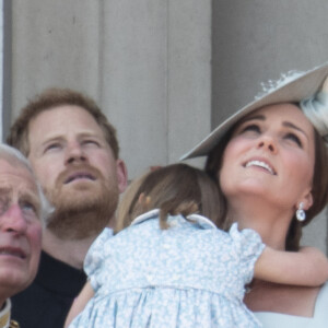 Catherine (Kate) Middleton, duchesse de Cambridge, la princesse Charlotte de Cambridge - Les membres de la famille royale britannique lors du rassemblement militaire "Trooping the Colour" (le "salut aux couleurs"), célébrant l'anniversaire officiel du souverain britannique. Cette parade a lieu à Horse Guards Parade, chaque année au cours du deuxième samedi du mois de juin. Londres, le 9 juin 2018.