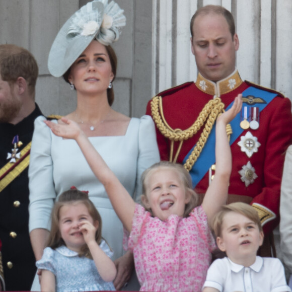 Le prince William, duc de Cambridge, et Catherine (Kate) Middleton, duchesse de Cambridge, la princesse Charlotte de Cambridge, Savannah Phillips, le prince George de Cambridge - Les membres de la famille royale britannique lors du rassemblement militaire "Trooping the Colour" (le "salut aux couleurs"), célébrant l'anniversaire officiel du souverain britannique. Cette parade a lieu à Horse Guards Parade, chaque année au cours du deuxième samedi du mois de juin. Londres, le 9 juin 2018.
