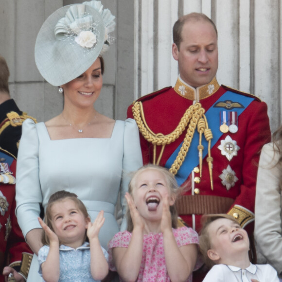 Le prince William, duc de Cambridge, et Catherine (Kate) Middleton, duchesse de Cambridge, la princesse Charlotte de Cambridge, Savannah Phillips, le prince George de Cambridge - Les membres de la famille royale britannique lors du rassemblement militaire "Trooping the Colour" (le "salut aux couleurs"), célébrant l'anniversaire officiel du souverain britannique. Cette parade a lieu à Horse Guards Parade, chaque année au cours du deuxième samedi du mois de juin. Londres, le 9 juin 2018.