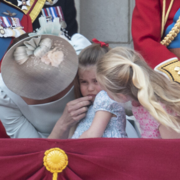 Catherine (Kate) Middleton, duchesse de Cambridge, la princesse Charlotte de Cambridge - Les membres de la famille royale britannique lors du rassemblement militaire "Trooping the Colour" (le "salut aux couleurs"), célébrant l'anniversaire officiel du souverain britannique. Cette parade a lieu à Horse Guards Parade, chaque année au cours du deuxième samedi du mois de juin. Londres, le 9 juin 2018.