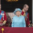 Le prince Andrew, duc d'York, la reine Elisabeth II d’Angleterre, le prince Charles, prince de Galles, le prince William, duc de Cambridge, le prince George de Cambridge - Les membres de la famille royale britannique lors du rassemblement militaire "Trooping the Colour" (le "salut aux couleurs"), célébrant l'anniversaire officiel du souverain britannique. Cette parade a lieu à Horse Guards Parade, chaque année au cours du deuxième samedi du mois de juin. Londres, le 9 juin 2018.