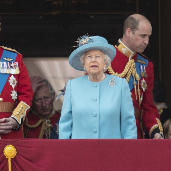 Le prince Andrew, duc d'York, la reine Elisabeth II d’Angleterre, le prince Charles, prince de Galles, le prince William, duc de Cambridge, le prince George de Cambridge - Les membres de la famille royale britannique lors du rassemblement militaire "Trooping the Colour" (le "salut aux couleurs"), célébrant l'anniversaire officiel du souverain britannique. Cette parade a lieu à Horse Guards Parade, chaque année au cours du deuxième samedi du mois de juin. Londres, le 9 juin 2018.