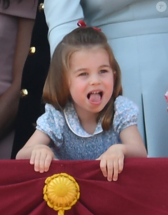 La princesse Charlotte - Les membres de la famille royale britannique lors du rassemblement militaire "Trooping the Colour" (le "salut aux couleurs"), célébrant l'anniversaire officiel du souverain britannique. Cette parade a lieu à Horse Guards Parade, chaque année au cours du deuxième samedi du mois de juin. Londres, le 9 juin 2018.