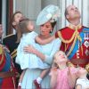 Meghan Markle, duchesse de Sussex, le prince Harry, duc de Sussex, Kate Catherine Middleton, duchesse de Cambridge, le prince William, duc de Cambridge, la princesse Charlotte, Savannah Phillips, le prince George - Les membres de la famille royale britannique lors du rassemblement militaire "Trooping the Colour" (le "salut aux couleurs"), célébrant l'anniversaire officiel du souverain britannique. Cette parade a lieu à Horse Guards Parade, chaque année au cours du deuxième samedi du mois de juin. Londres, le 9 juin 2018.