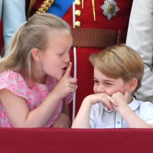 Savannah Phillips, le prince George - Les membres de la famille royale britannique lors du rassemblement militaire "Trooping the Colour" (le "salut aux couleurs"), célébrant l'anniversaire officiel du souverain britannique. Cette parade a lieu à Horse Guards Parade, chaque année au cours du deuxième samedi du mois de juin. Londres, le 9 juin 2018.