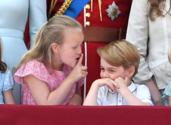 Savannah Phillips, le prince George - Les membres de la famille royale britannique lors du rassemblement militaire "Trooping the Colour" (le "salut aux couleurs"), célébrant l'anniversaire officiel du souverain britannique. Cette parade a lieu à Horse Guards Parade, chaque année au cours du deuxième samedi du mois de juin. Londres, le 9 juin 2018.