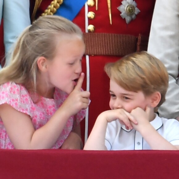Savannah Phillips, le prince George - Les membres de la famille royale britannique lors du rassemblement militaire "Trooping the Colour" (le "salut aux couleurs"), célébrant l'anniversaire officiel du souverain britannique. Cette parade a lieu à Horse Guards Parade, chaque année au cours du deuxième samedi du mois de juin. Londres, le 9 juin 2018.