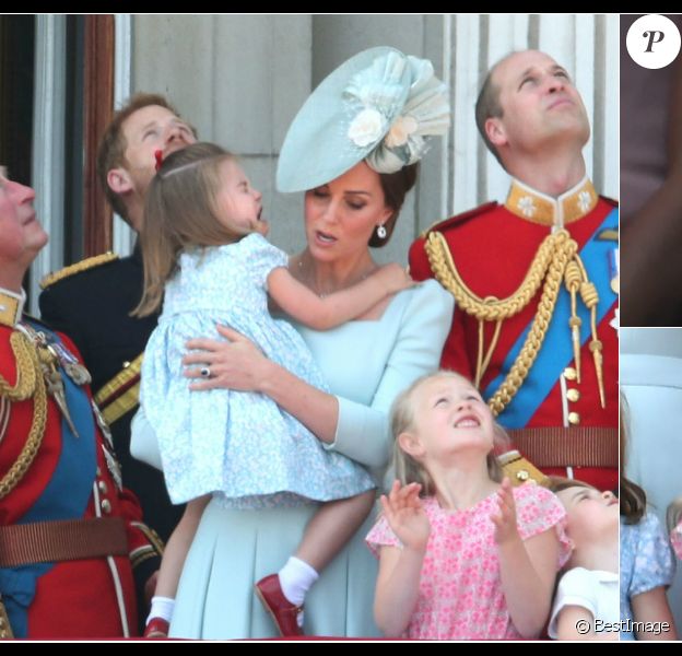 La famille royale britannique lors de la parade militaire Trooping the Colour à Londres le 9 juin 2018