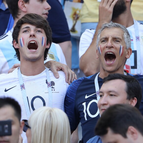 Dylan Deschamps, Nagui et sa femme Mélanie Page lors de France-Argentine en 8e de finale de la Coupe du monde de football le 30 juin 2018 à Kazan en Russie. © Cyril Moreau/Bestimage