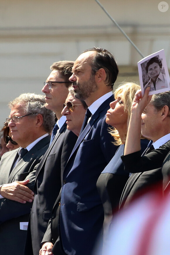 Le pemière dame Brigitte Macron et le premier ministre Edouard Philippe - Entrée de Simone et Antoine Veil au Panthéon, Paris, France, le 1er juillet 2018. Les deux cercueils seront disposés dans la nef du Panthéon, où le public pourra leur rendre hommage © Stéphane Lemouton / Bestimage