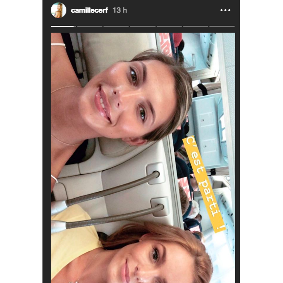 Camille Cerf s'envole pour la Russie avec Iris Mittenaere, Alicia Aylies et Maëva Coucke pour soutenir les Bleus. Instagram le 15 juillet 2018.